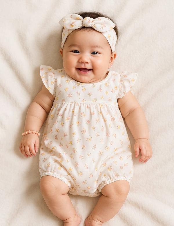 Adorable baby, who appears to be of East Asian descent, wearing a white Oh My Baby organic cotton romper with a delicate yellow and pink floral print and a matching bow headband. Shop cute baby outfits online in India.