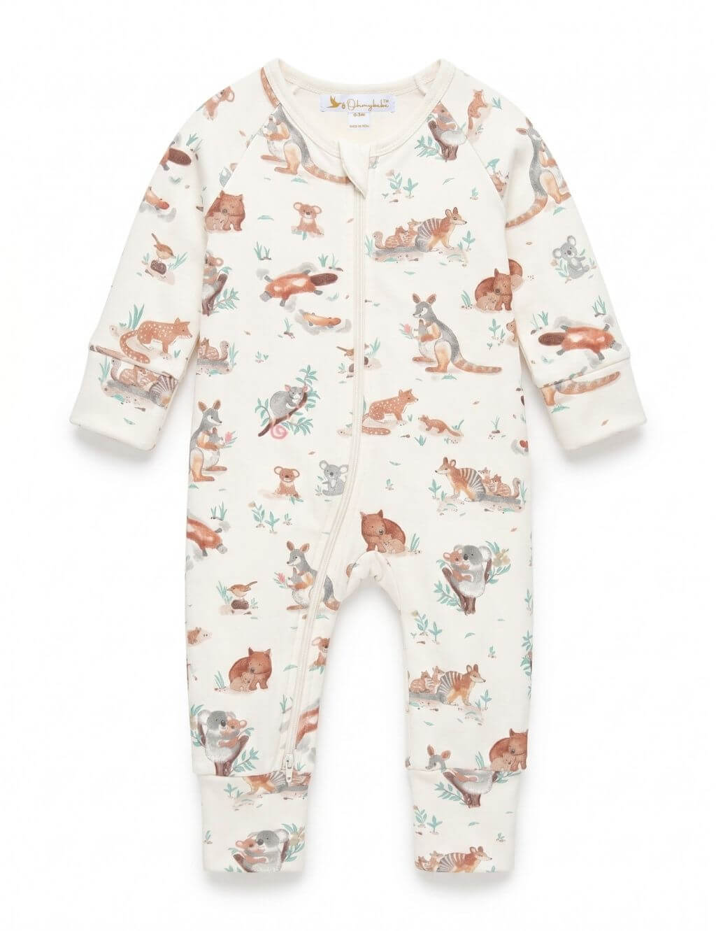 Flatlay of an organic cotton footie romper featuring an all-over Australian animal print with koalas, kangaroos, and wombats, complete with a front zipper.