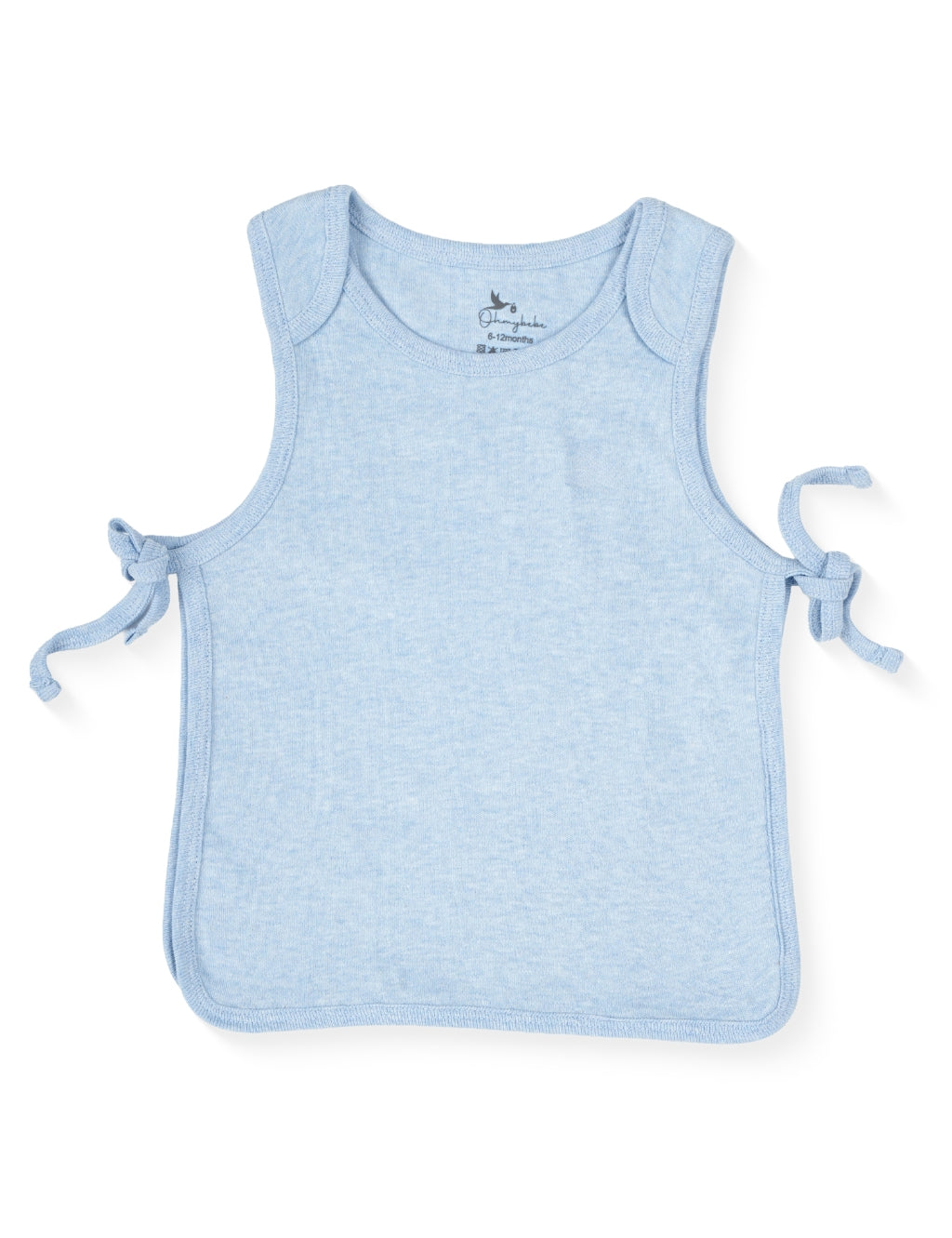 Solid light blue sleeveless organic cotton baby top with side-tie closures on a plain white background