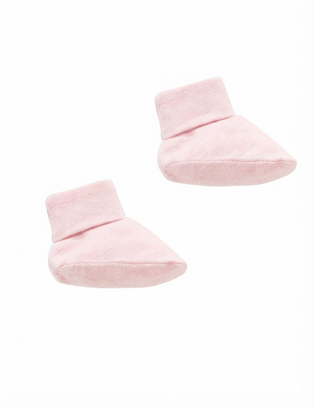 Studio shot of soft organic cotton baby pink booties featuring fold-over ribbed cuffs.
