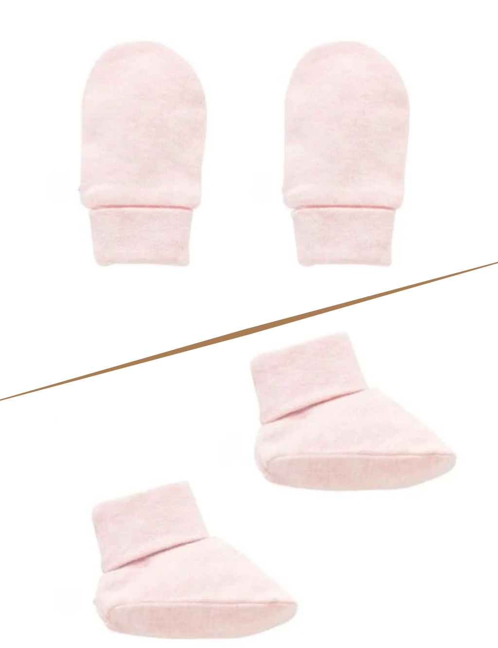 Flatlay of organic cotton baby pink mittens and matching booties displayed together