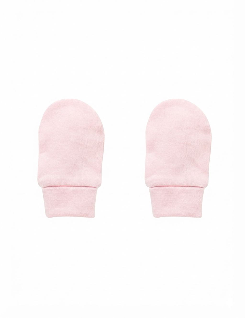 Studio shot of a pair of soft organic cotton baby pink scratch mittens featuring ribbed cuffs