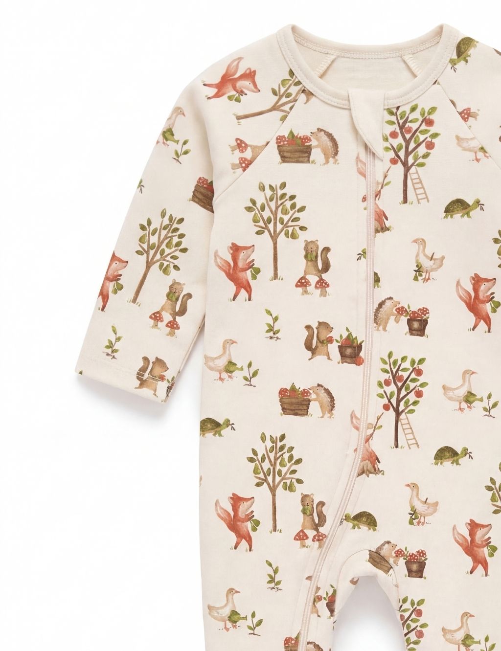 Close-up diagonal view of the chest, ribbed collar, and sleeve with repeating woodland animal prints.