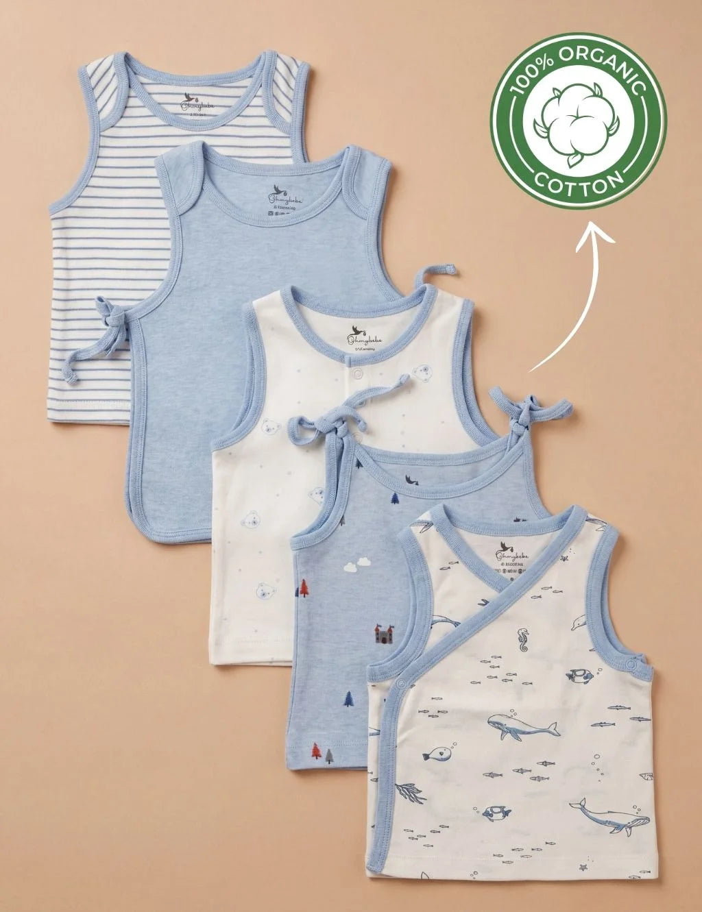 Set of five organic cotton blue and white sleeveless baby side-tie tops with ocean and striped prints and 100% organic cotton seal