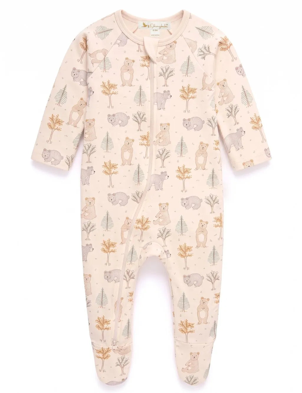 Studio flatlay of an organic cotton bear and tree print long-sleeve footed onesie with a two-way front zipper.