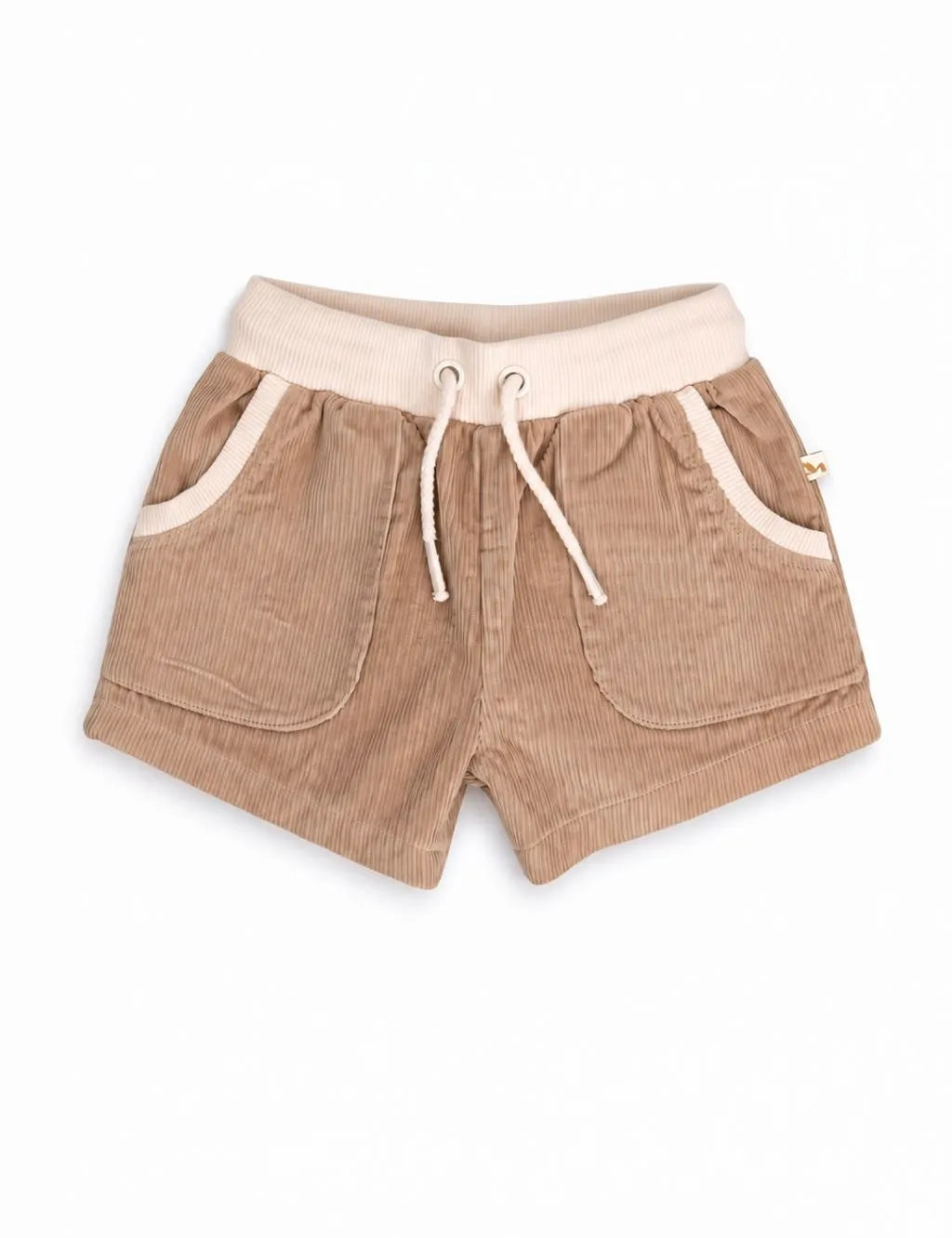 Flatlay of organic cotton beige corduroy shorts with a white ribbed elastic waistband, drawstring, and front pockets.