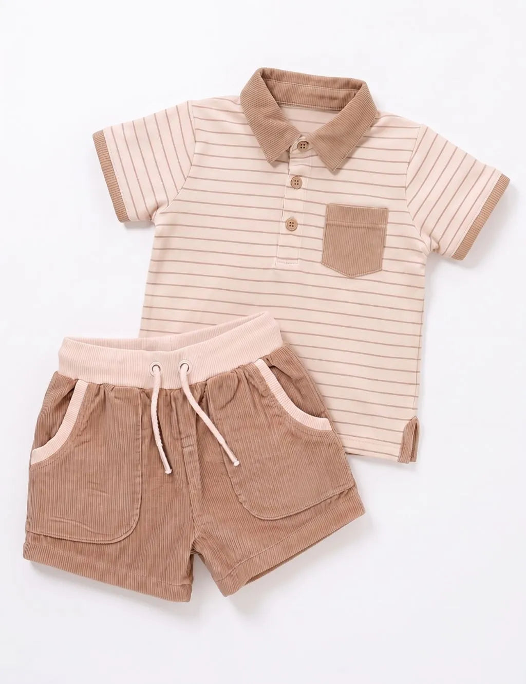 Flatlay of an organic cotton beige striped polo shirt and matching corduroy shorts with a white waistband and drawstring.