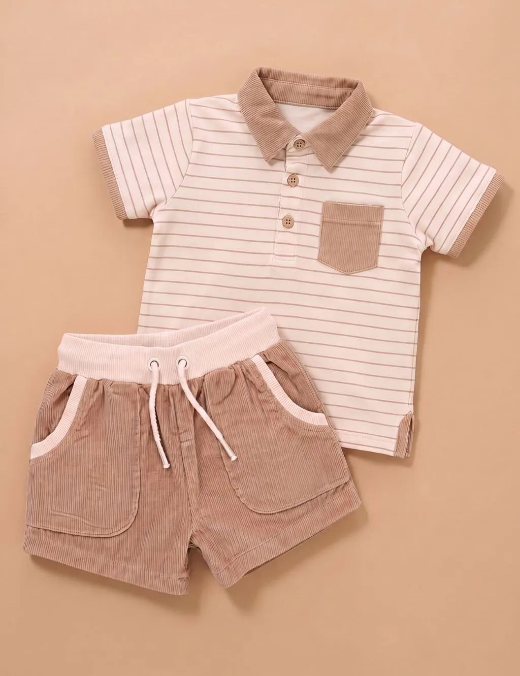 Flatlay of an organic cotton beige striped polo shirt with a pocket and matching drawstring shorts with front pockets.