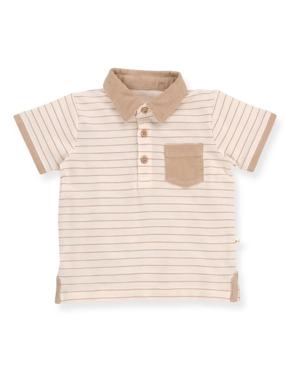 Flatlay of an organic cotton beige striped polo shirt with a contrasting collar, button placket, and a chest pocket.