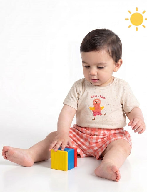 Peach Gingham Shorts & Bird T-Shirt Set