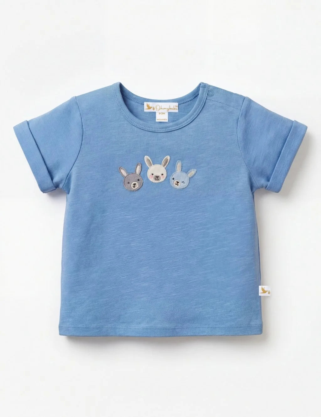 Light blue organic cotton baby t-shirt featuring three cute bunny faces embroidered on the chest with rolled sleeves.