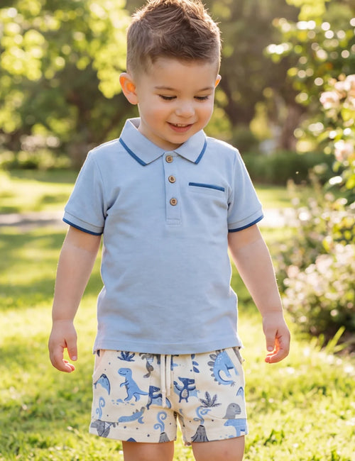 Organic Cotton Polo Tee & Shorts Set – Sky Blue & Dino Dreams Print