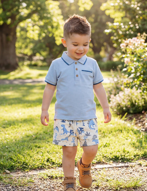Organic Cotton Polo Tee & Shorts Set – Sky Blue & Dino Dreams Print