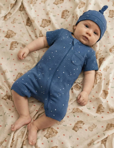 Organic Zip Romper & Hat Set – Twinkle Star Bluestone