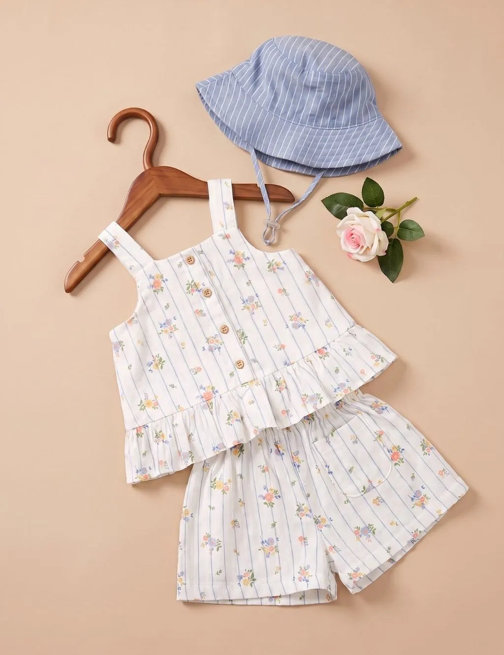 Flatlay of the back view of an organic cotton blue striped floral peplum top with button closure, matching shorts, and a bucket hat.