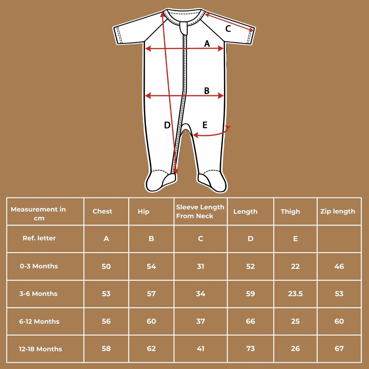 Size chart diagram and measurements table in centimeters for the organic cotton blue underwater print jumpsuit