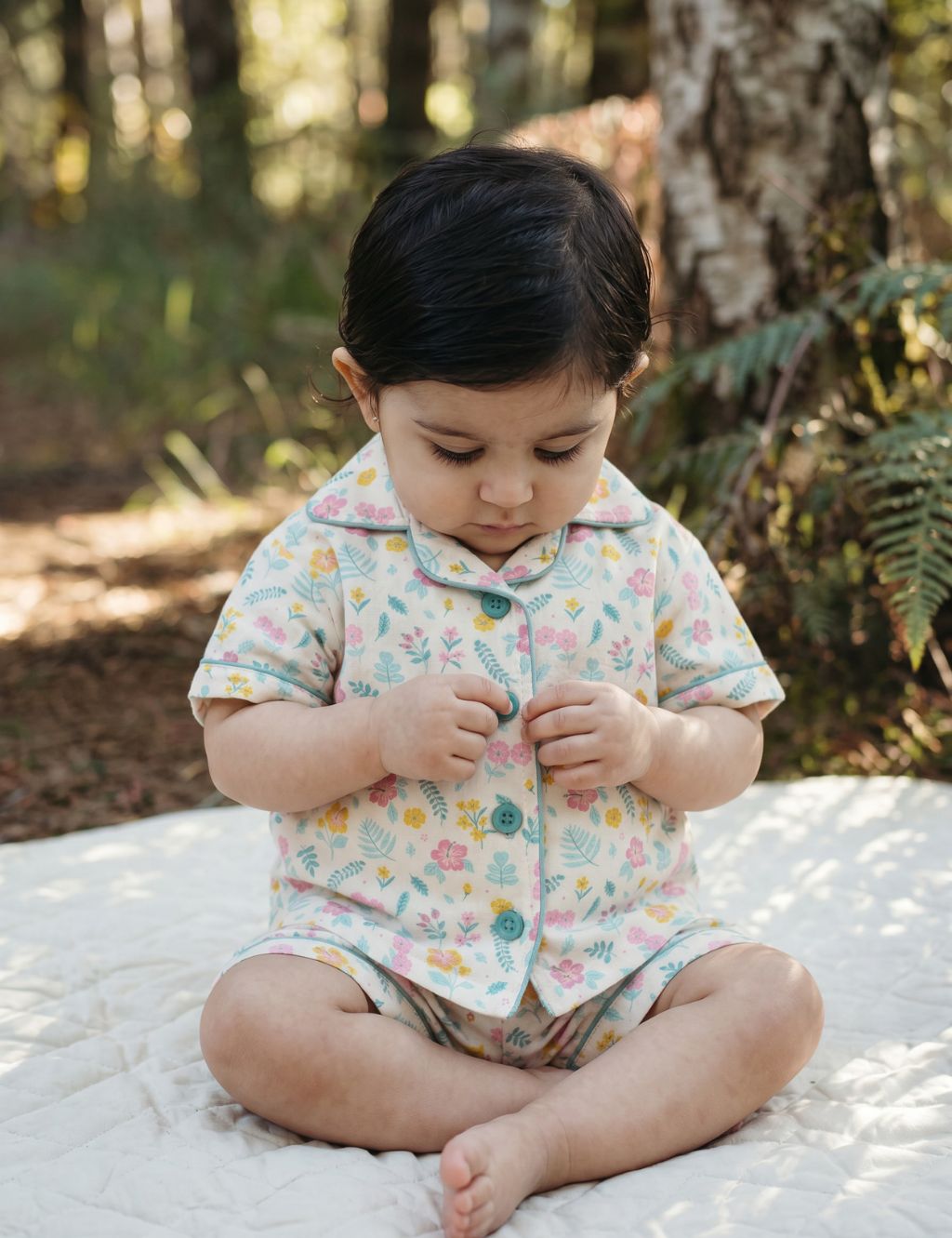 Baby sitting on a blanket outdoors and wearing an organic cotton short-sleeve shirt and matching shorts set with a botanical floral print.