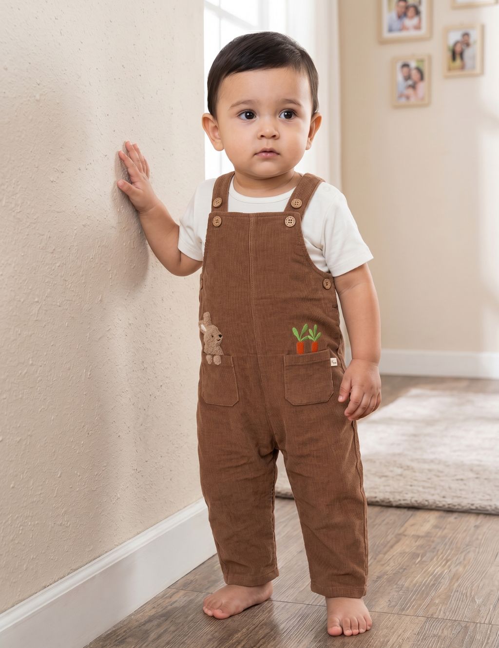 Standing toddler wearing an organic cotton brown corduroy jumpsuit with embroidered bunny and carrot pockets