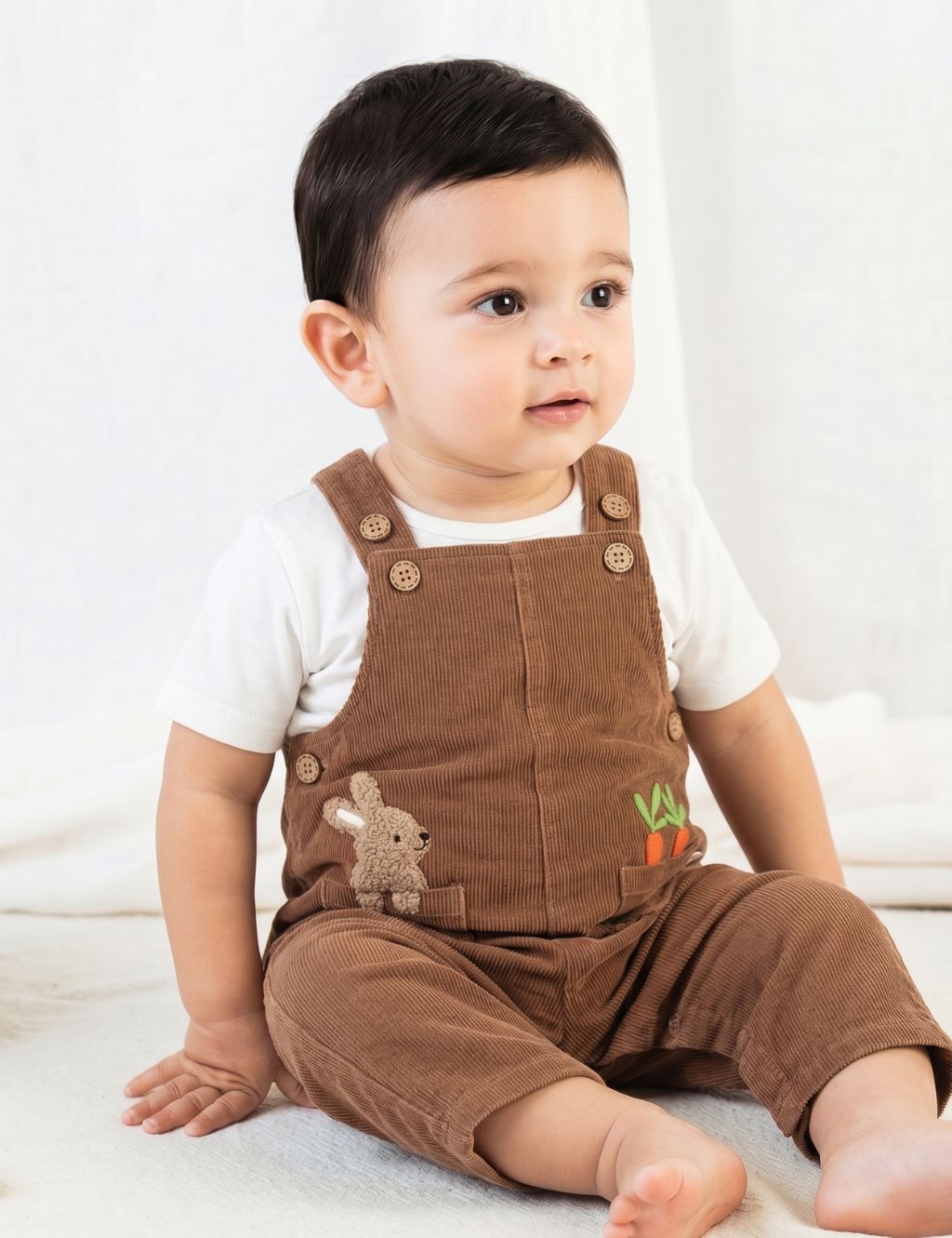 Cute baby wearing an organic cotton brown corduroy jumpsuit and white tee with a bunny and carrot embroidery.