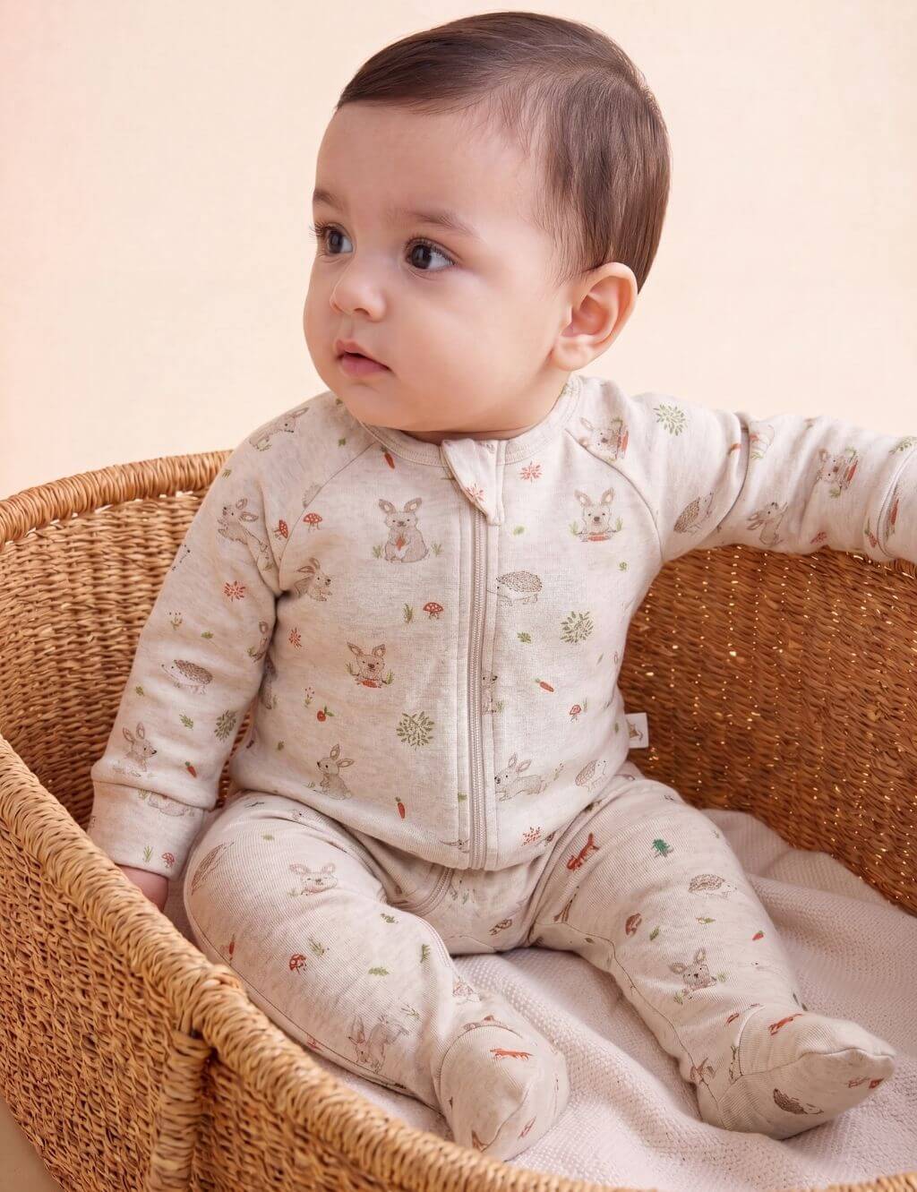 Baby model sitting in a woven basket wearing an organic cotton footie romper featuring an all-over bunny and hedgehog woodland print.