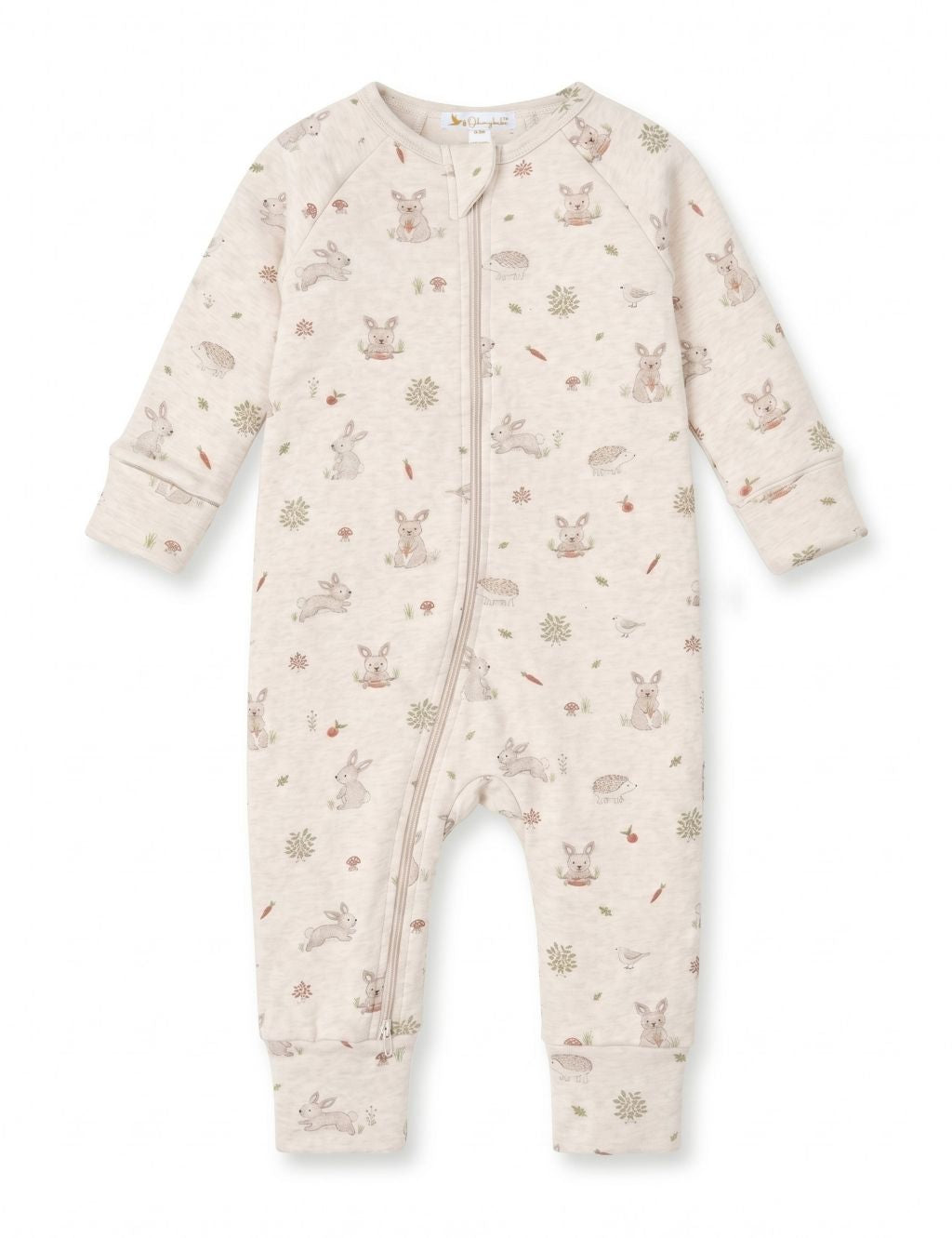 Flatlay of an organic cotton footie romper featuring a charming woodland print with bunnies, hedgehogs, and carrots, complete with a front zipper.