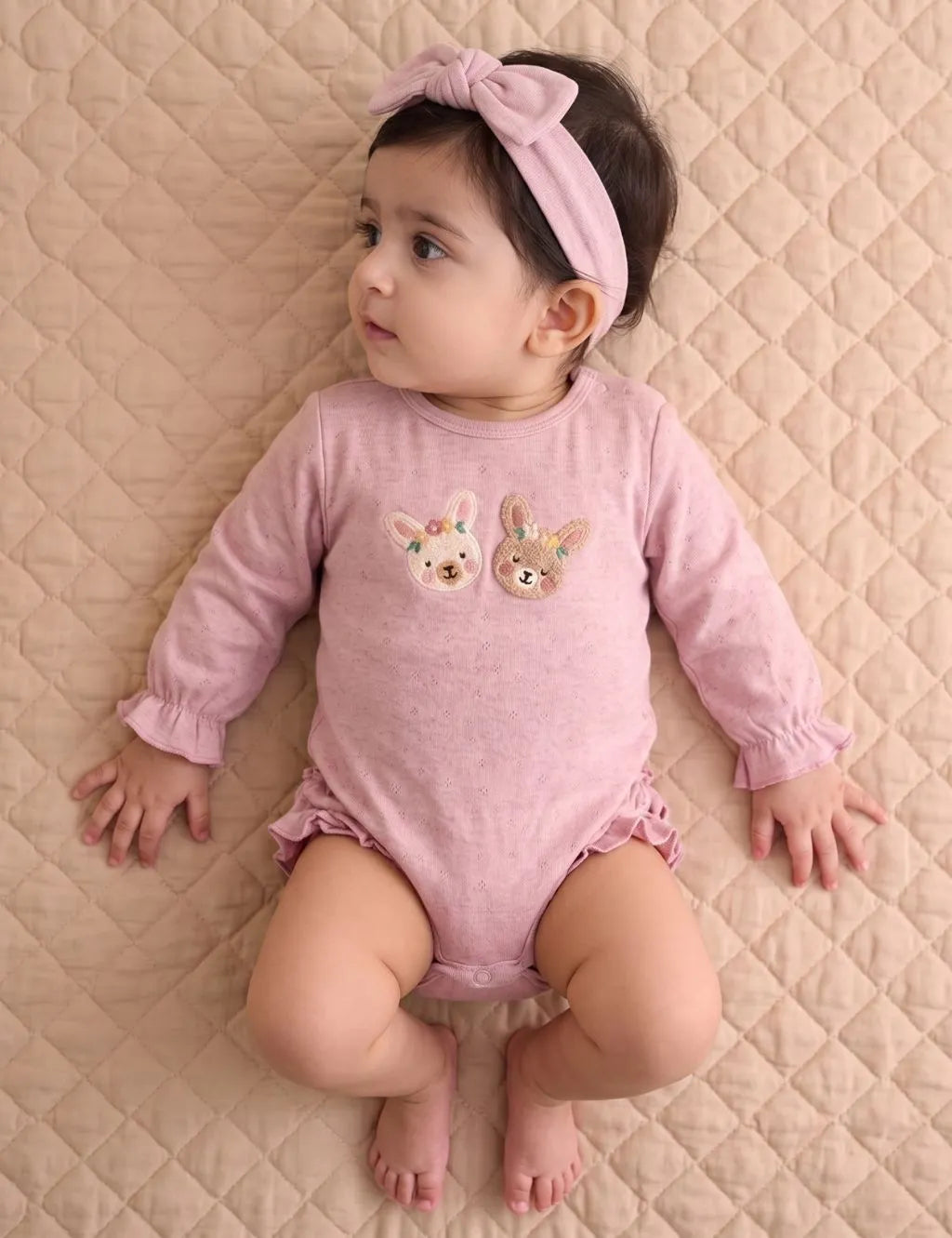 Baby girl lying on a quilted blanket wearing an organic cotton pink onesie with bunny embroidery and a bow headband