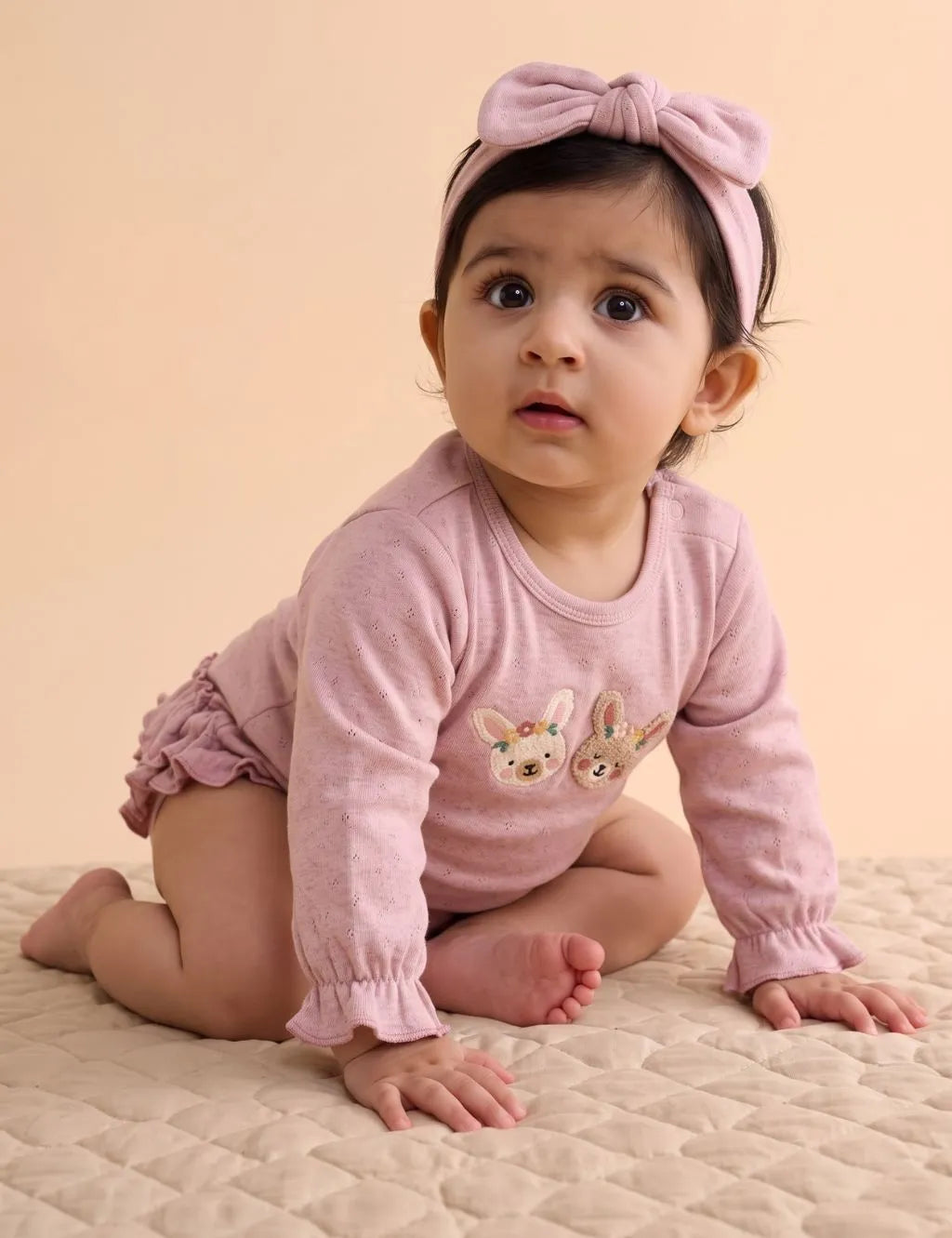 Baby girl wearing an organic cotton pink long-sleeve onesie with bunny embroidery and a matching bow headband.