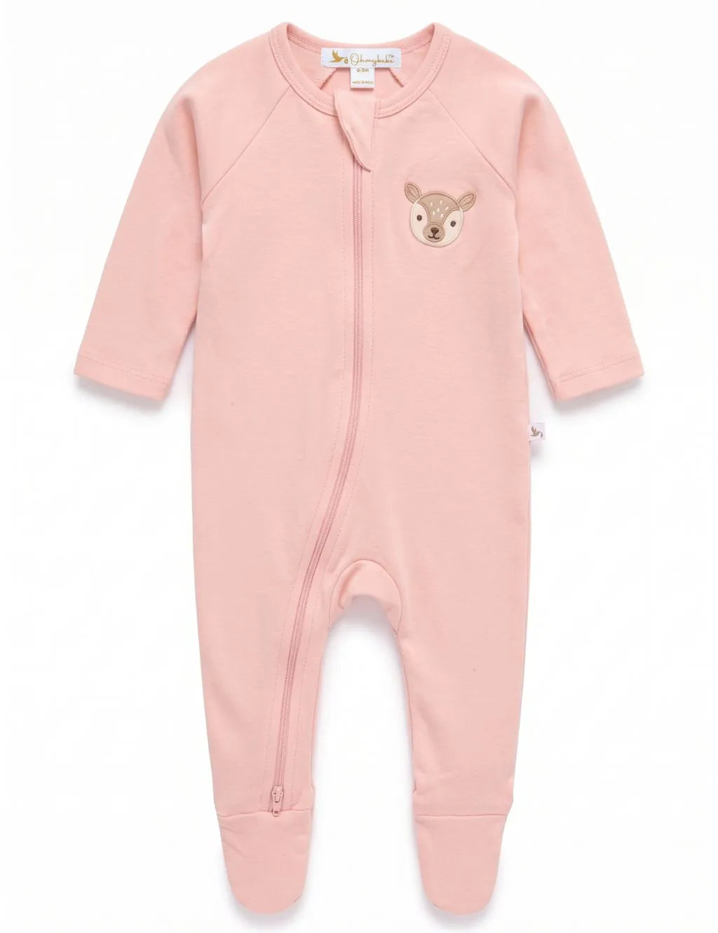 Flatlay of a long-sleeve organic cotton pink footed onesie featuring cute deer embroidery on the chest.