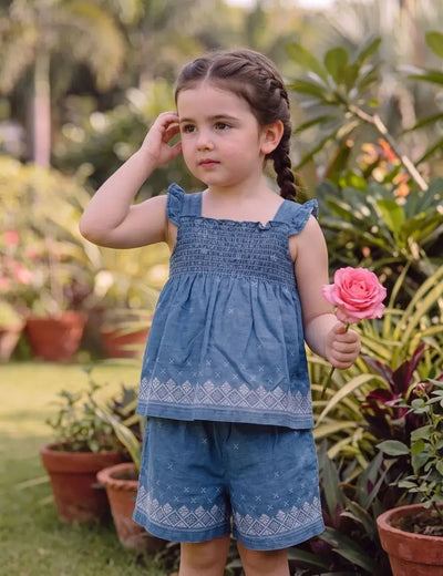Mid Blue Organic Cotton Top and Shorts Set