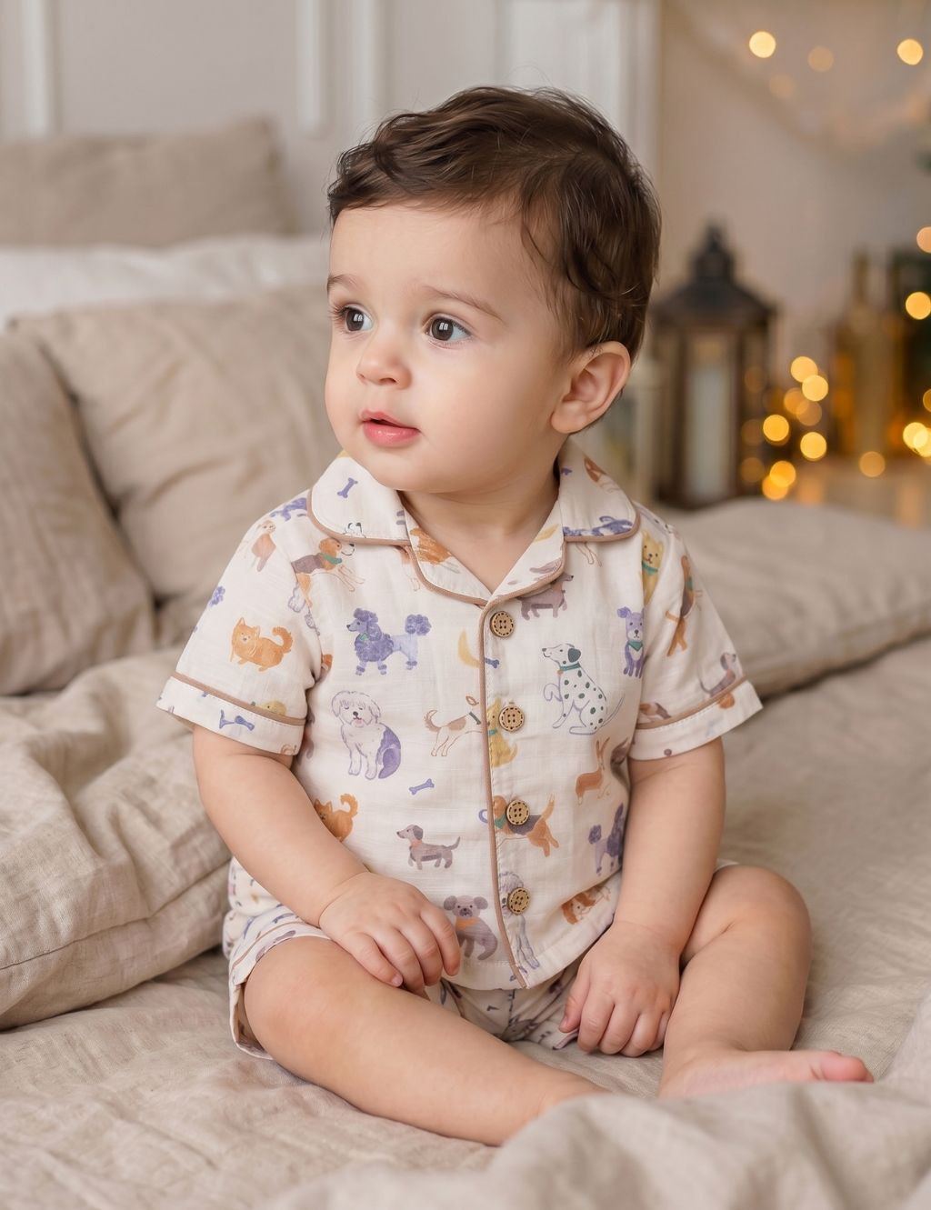 Cute baby sitting on a bed and wearing an organic cotton short-sleeve shirt and shorts set with a playful dog print.
