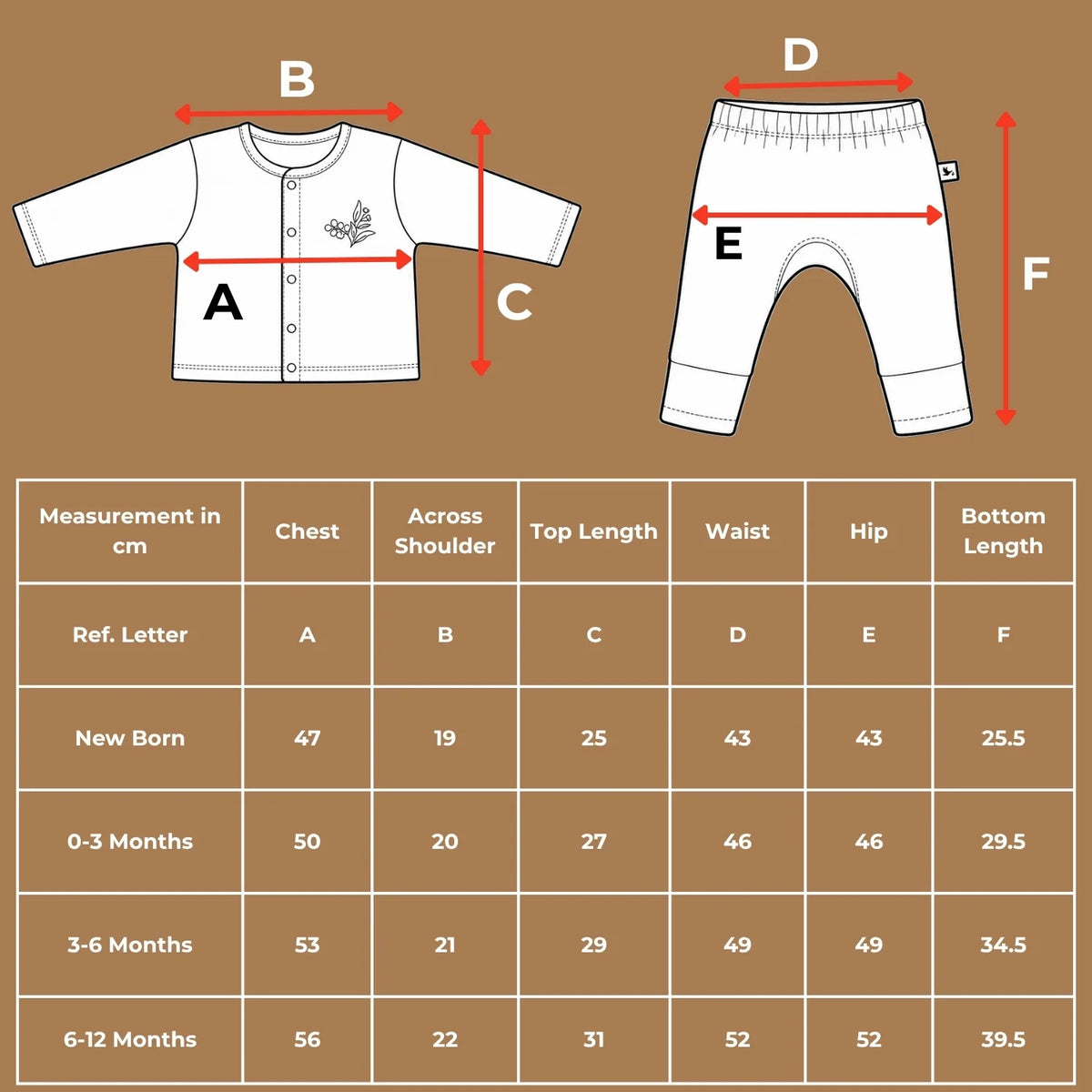 Size chart diagram and measurements table in centimeters for the organic cotton embroidered top and pants set