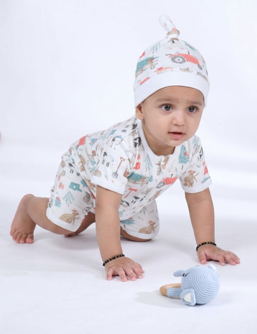 Organic Zip Romper & Hat Set – Farm Print