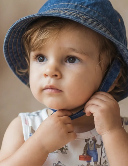 Organic Cotton Romper & Denim Hat Set – Cloud AOP & Dark Denim