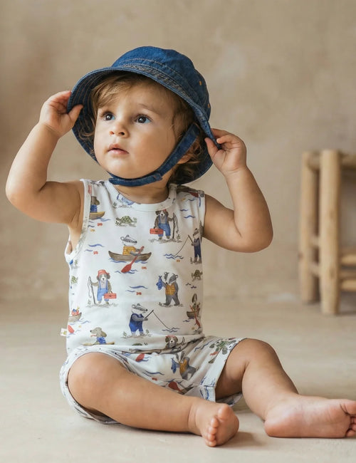 Organic Cotton Romper & Denim Hat Set – Cloud AOP & Dark Denim