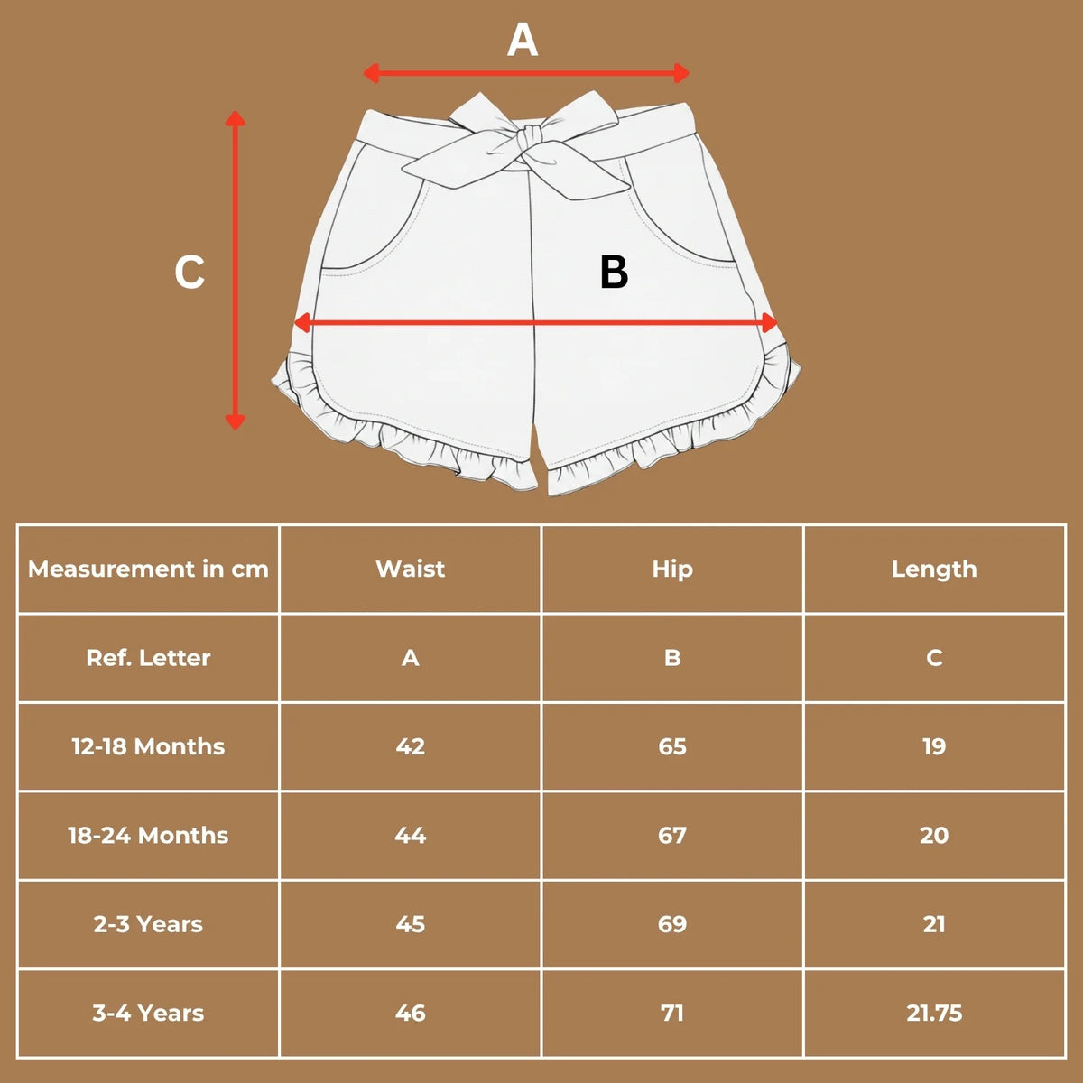 Size chart for the organic cotton flamingo print and plain shorts set with measurements in cm.