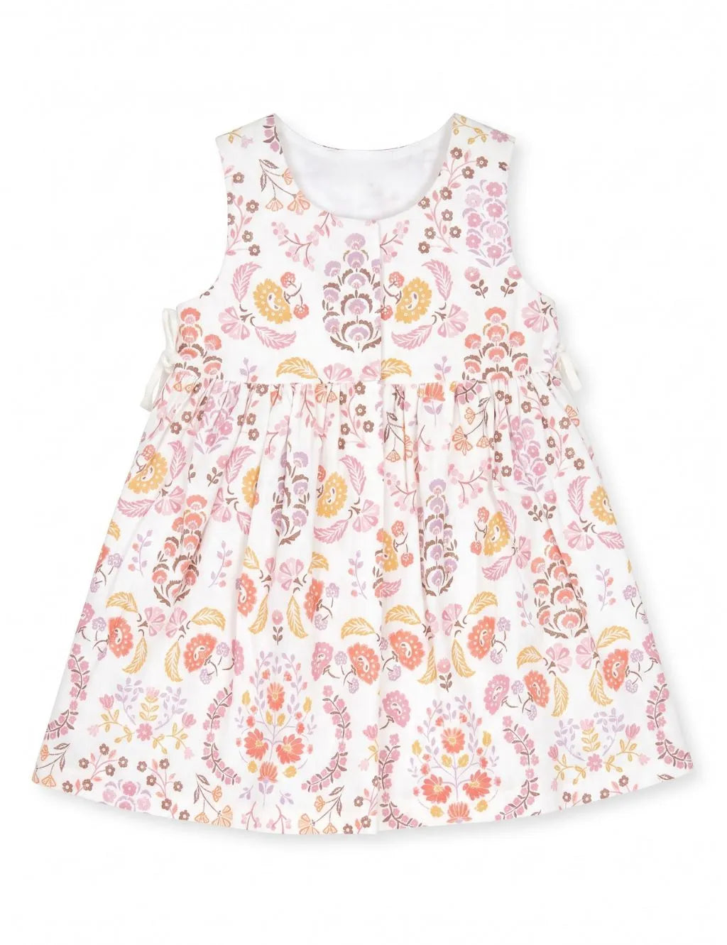 Flat lay view of an organic cotton sleeveless dress featuring a colorful floral print.