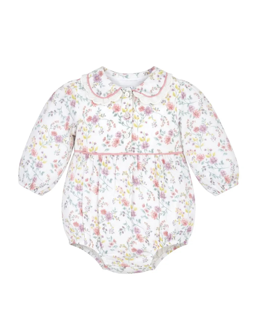 Flatlay of an organic cotton floral print long-sleeve onesie with a pink scalloped collar on a white background.