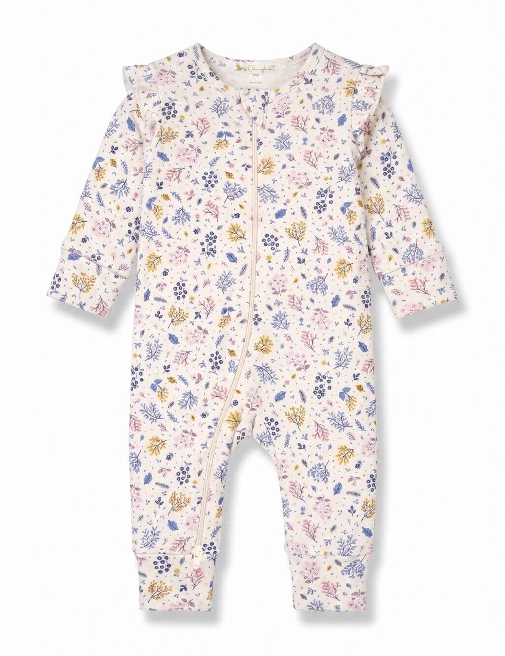 Flatlay of an organic cotton floral print romper featuring long sleeves, shoulder ruffles, and a front zipper closure.
