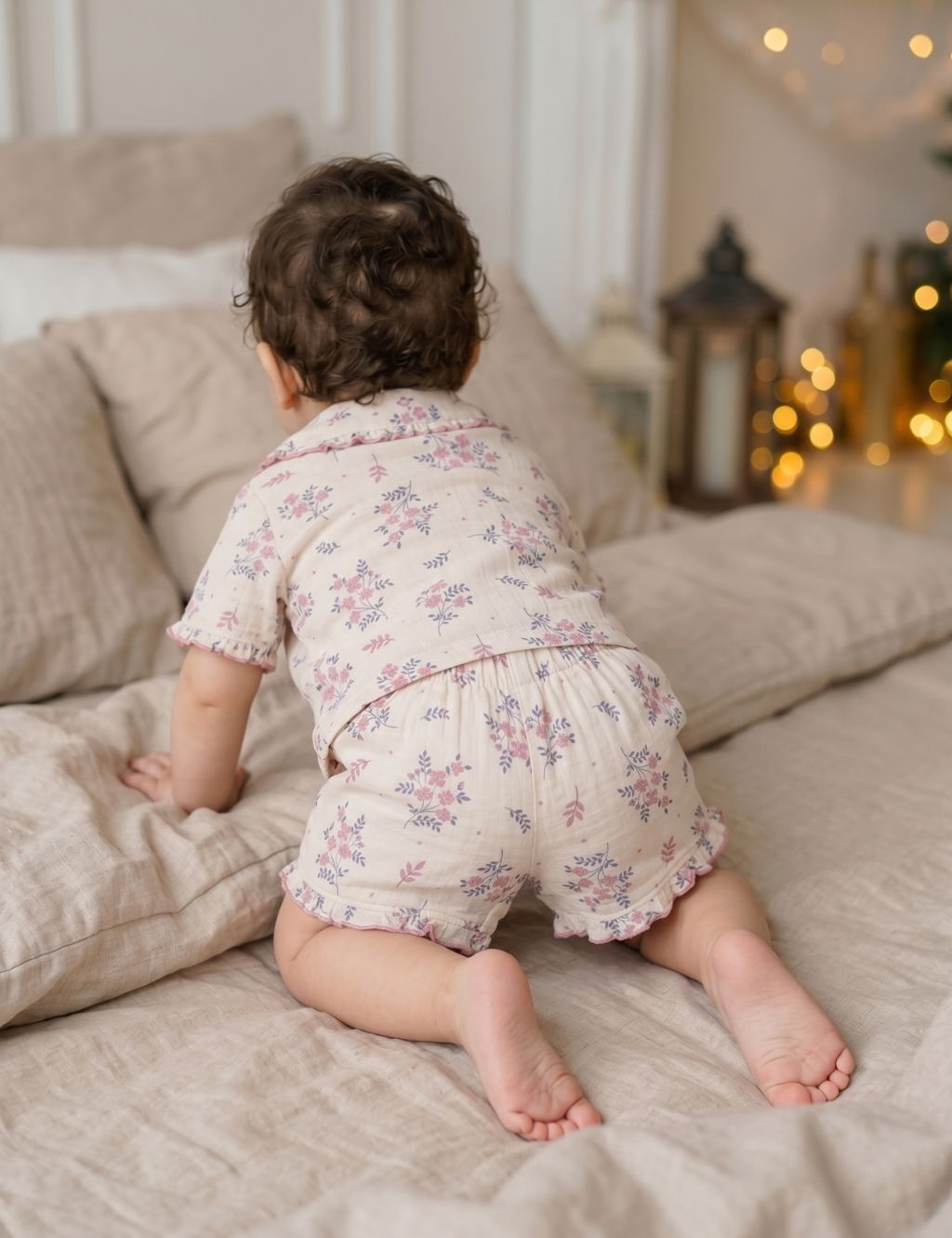 Back view of a baby crawling on a bed and wearing an organic cotton floral print shirt and shorts set.