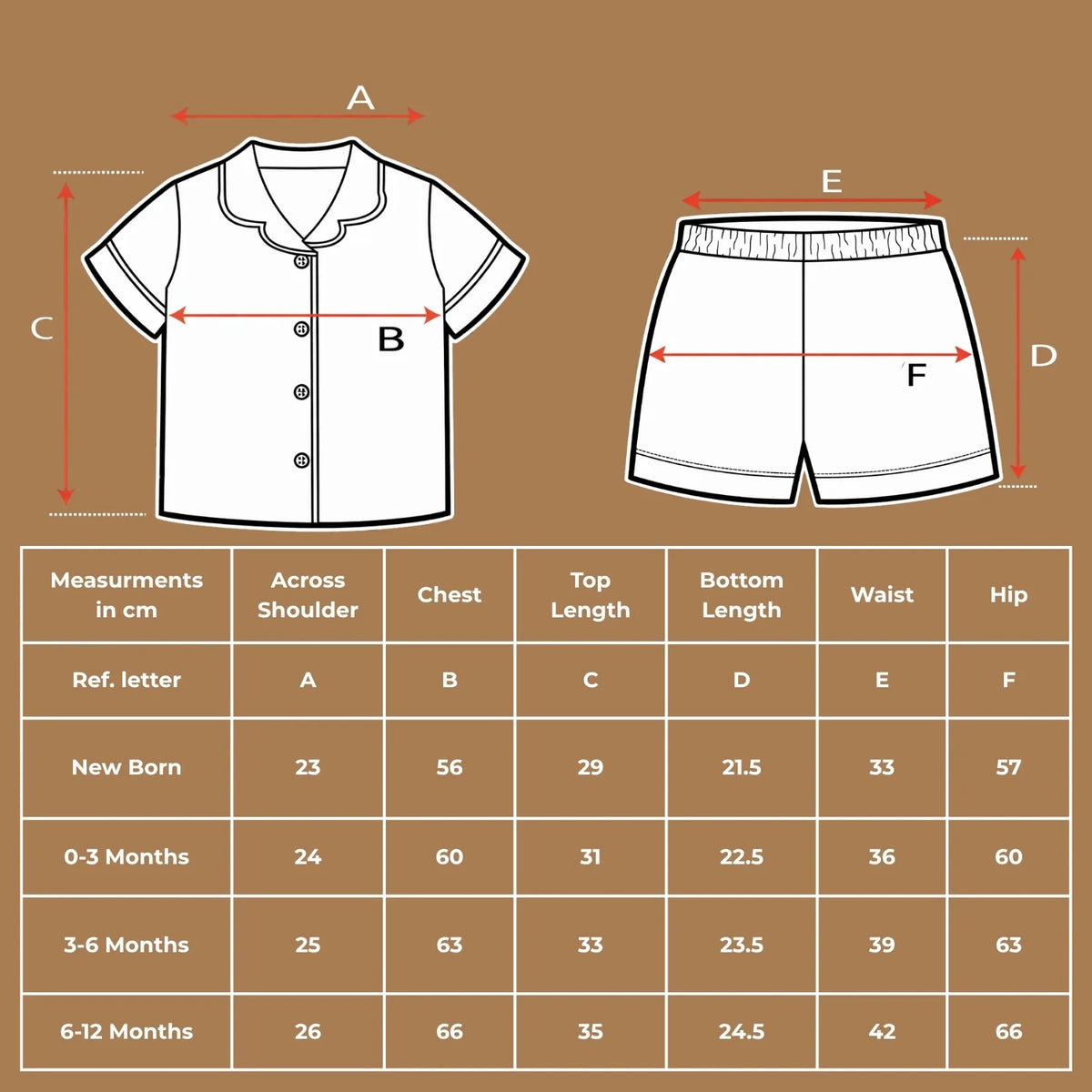 Size chart diagram and measurements table in centimeters for the organic cotton floral print shirt and shorts set.