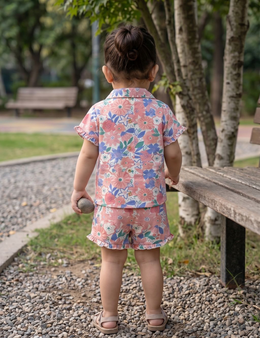 Back view of a little toddler girl wearing an organic cotton pink floral print short-sleeve shirt and matching shorts outdoors.