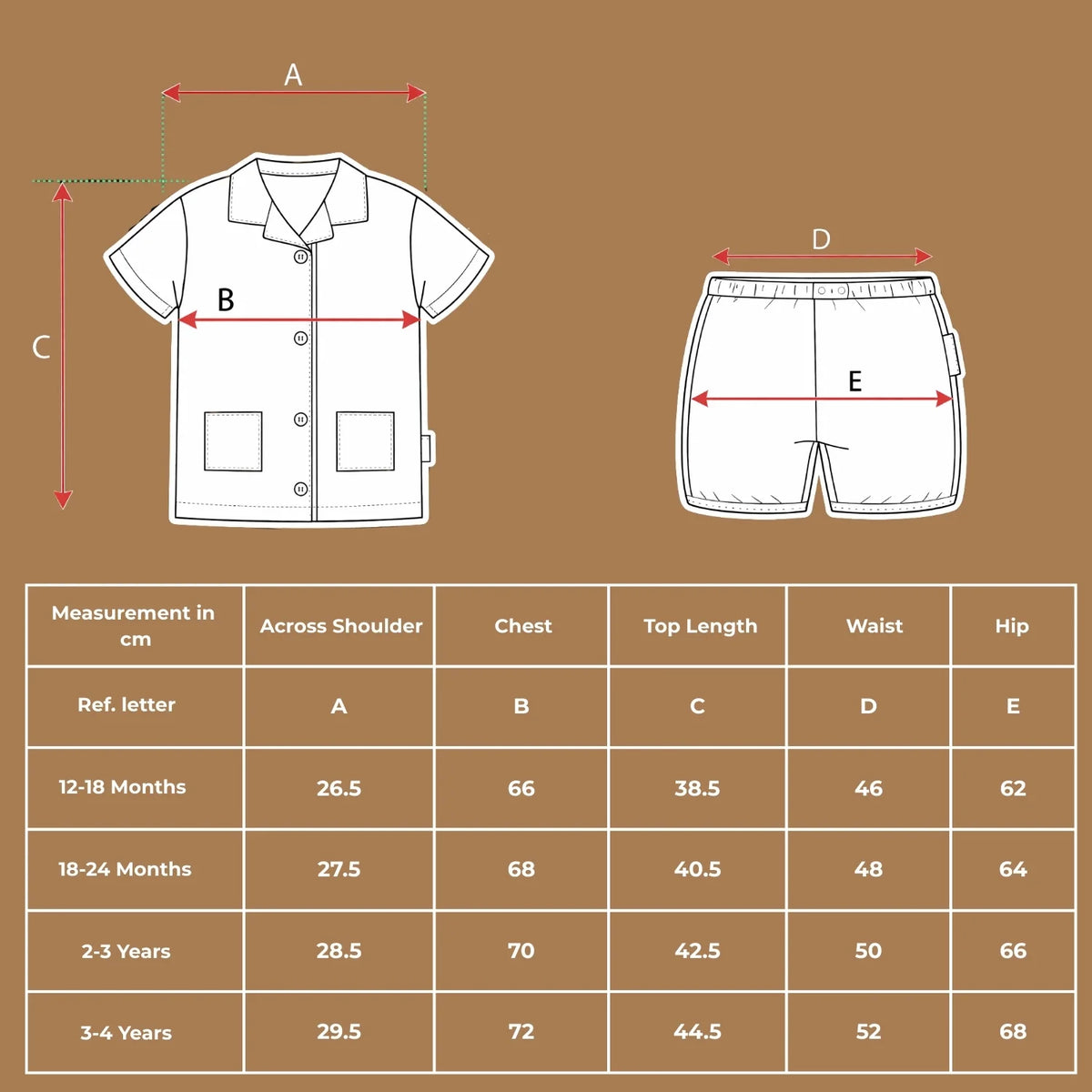 Size chart for the organic cotton floral print short-sleeve shirt and shorts set with measurements in cm.