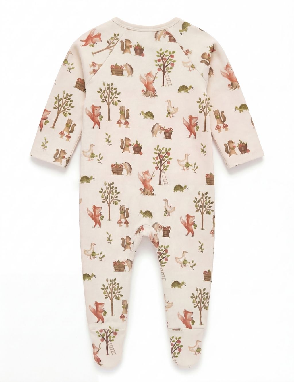 Full back view of the cream organic cotton romper with all-over fox and squirrel prints.