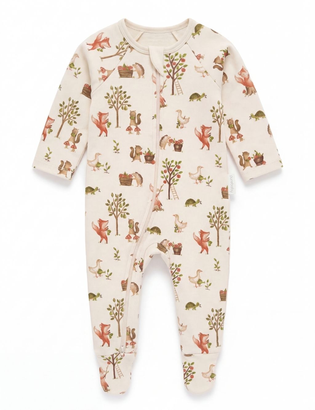 Cream organic cotton footed baby romper featuring a repeating fox and squirrel harvest print.