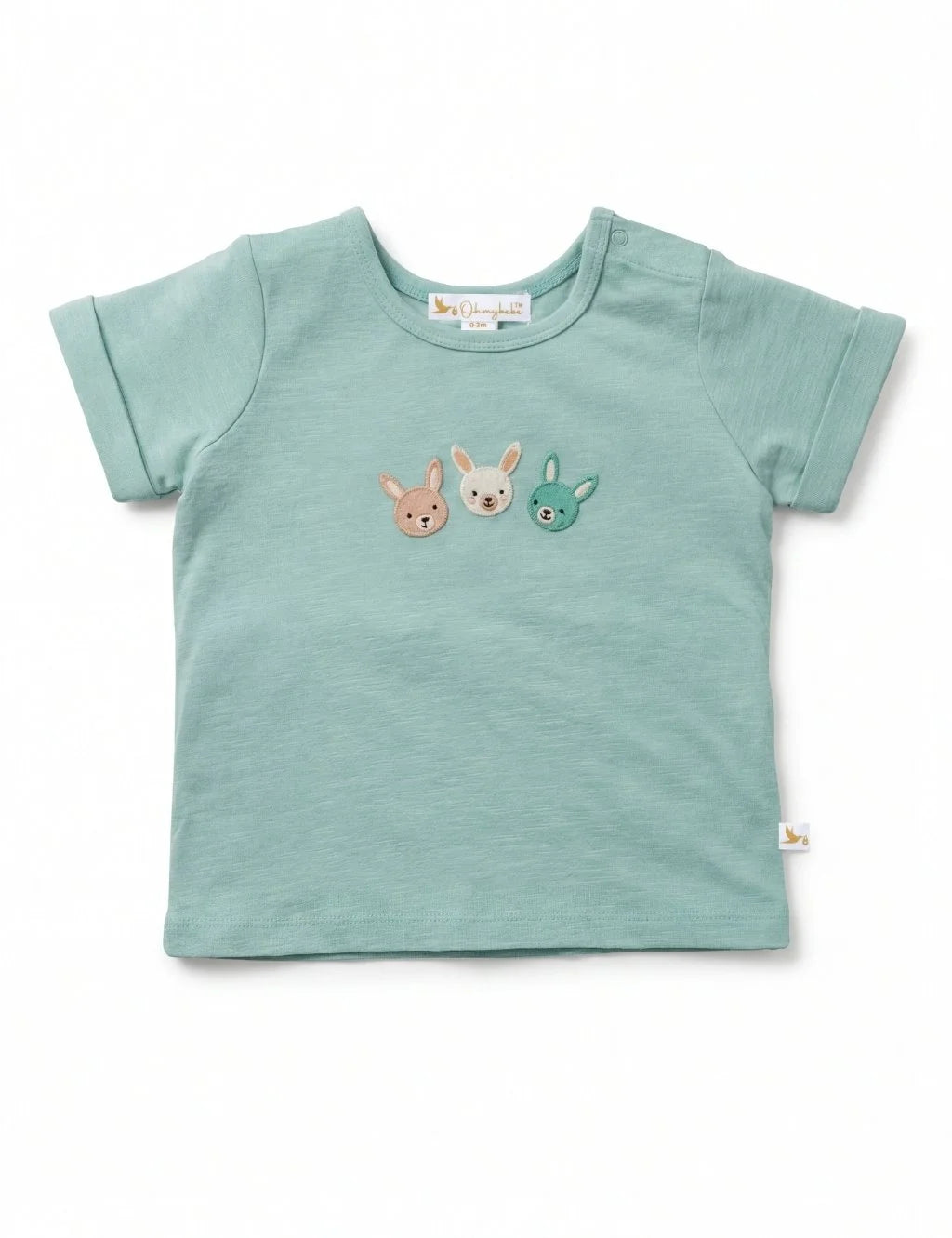 Light green organic cotton baby t-shirt featuring three cute bunny faces embroidered on the chest with rolled short sleeves.
