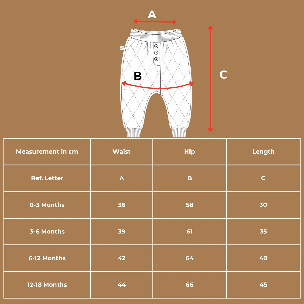 Size chart diagram and measurements table in centimeters for the organic cotton grey quilted baby pants