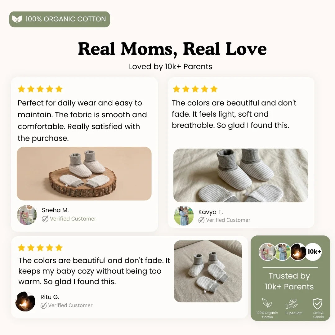 Customer reviews graphic featuring 5-star ratings and photos of grey striped organic cotton baby booties and mittens sets