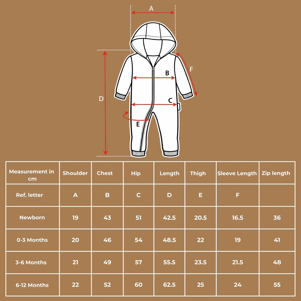 Size chart diagram and measurements table in centimeters for the organic cotton hooded jumpsuit