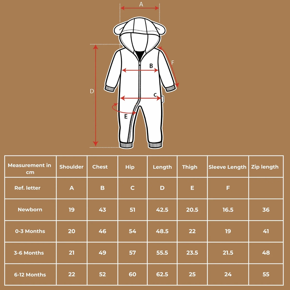 Size chart diagram and measurements table in centimeters for the organic cotton hooded jumpsuit