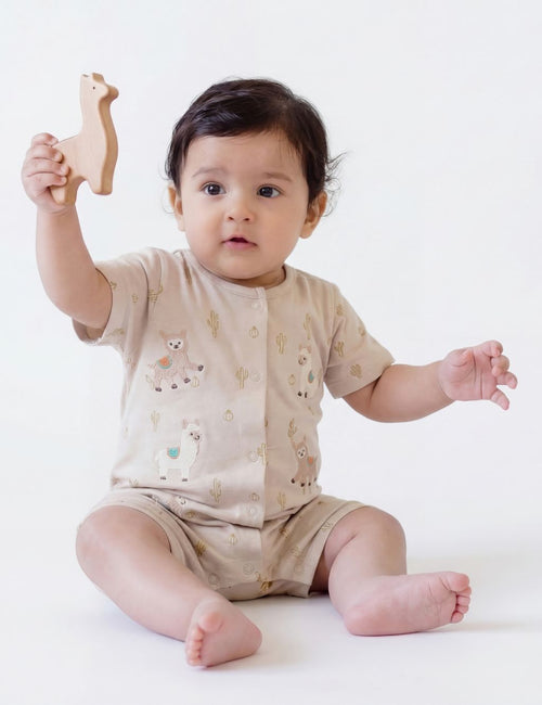 Beige Llama Print Baby Romper